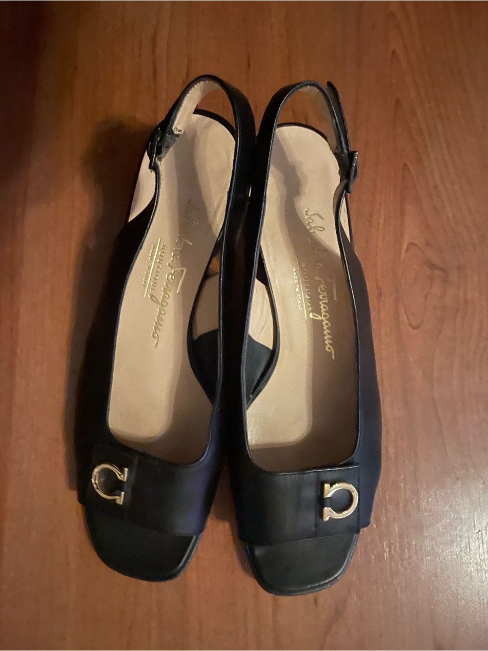 Salvatore Ferragamo Black Leather Slingback Mules with Gold Accent